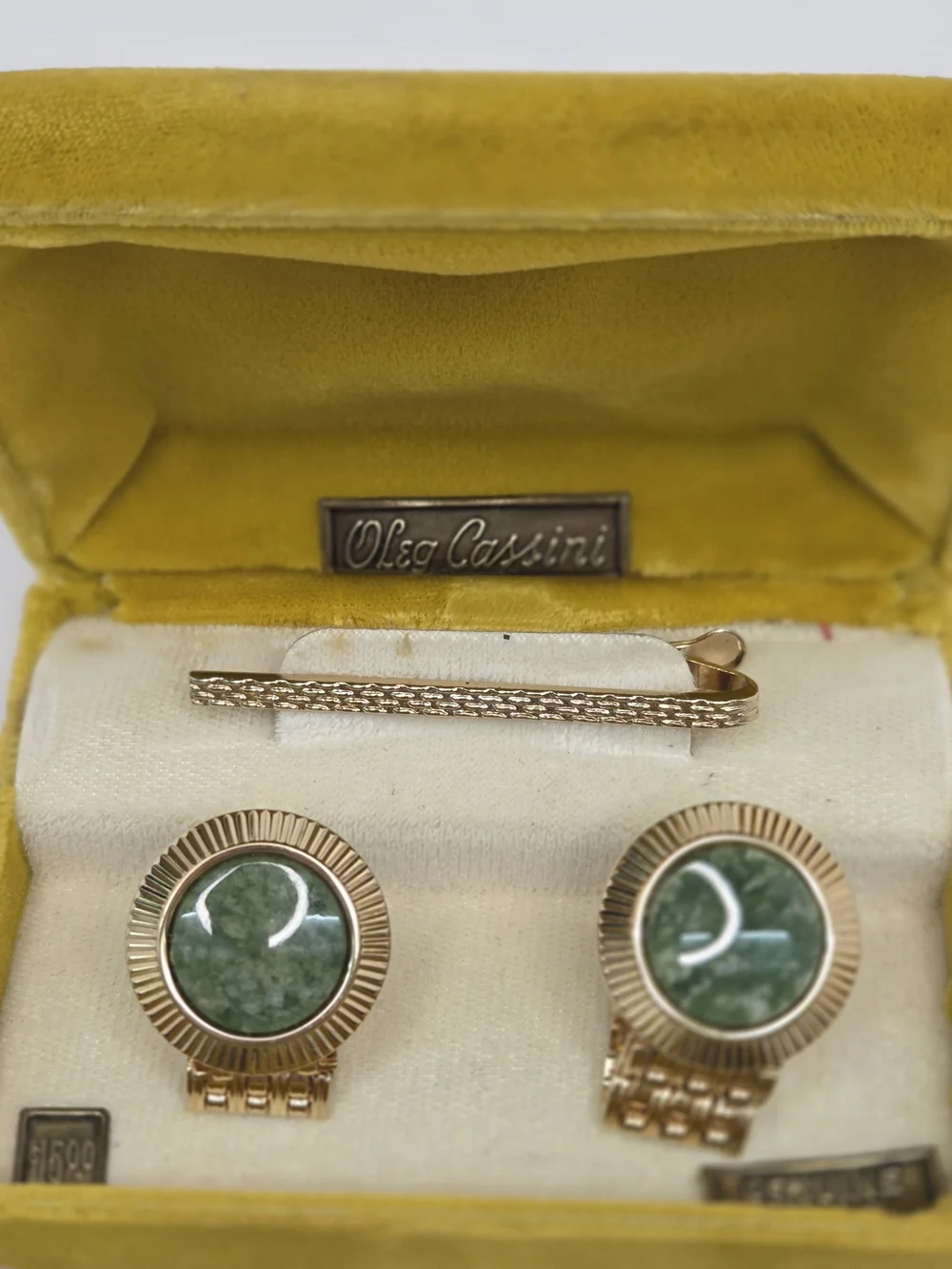 Oleg Cassini Gold-Tone Cufflink & Tie Bar Set with Genuine Jade